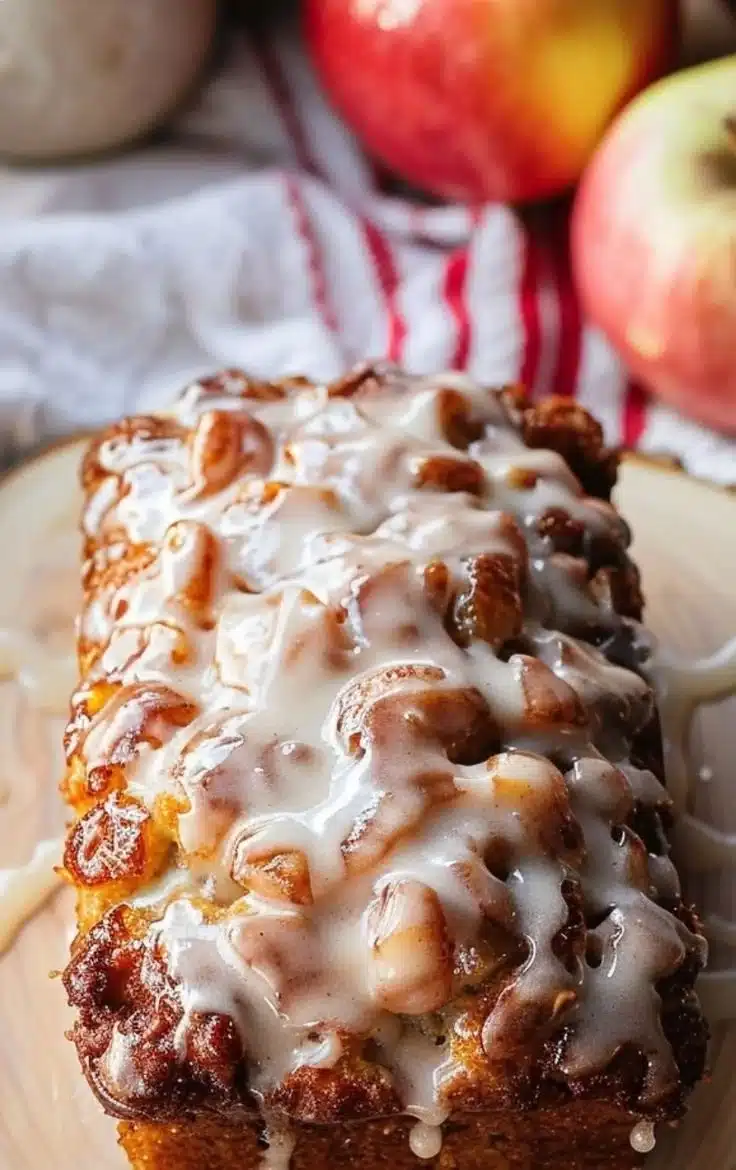 Amish Apple Fritter Bread topped with glaze and apple pieces.