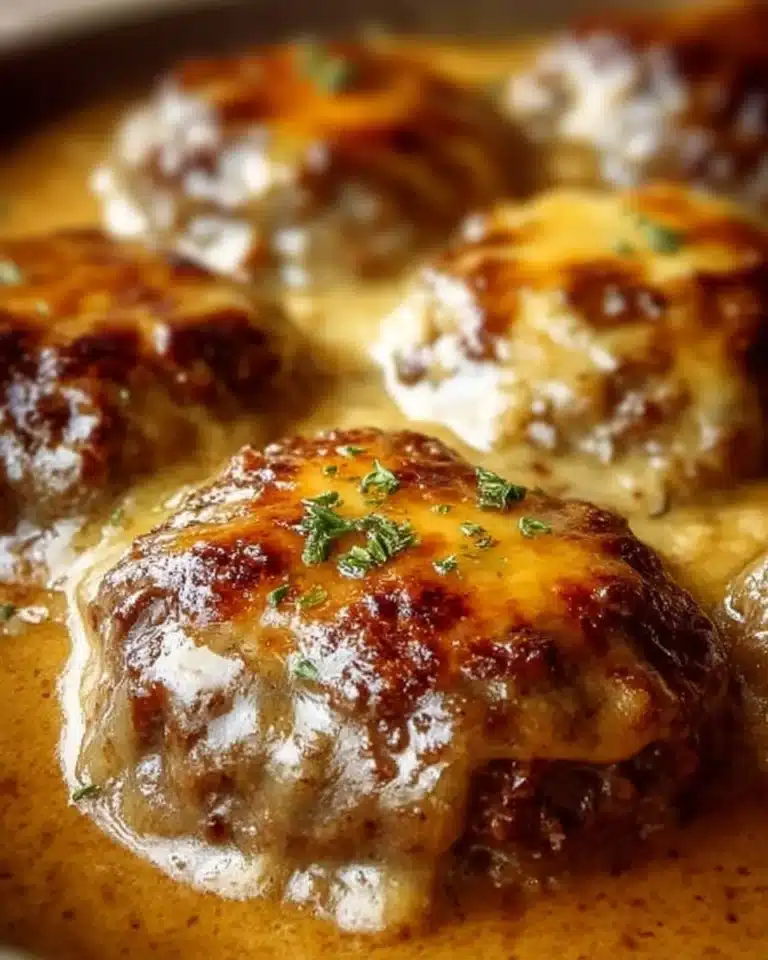 Delicious Amish Hamburger Steak Bake topped with gravy and served with vegetables.