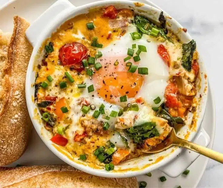 Baked feta eggs with tomatoes and spinach in a ceramic dish