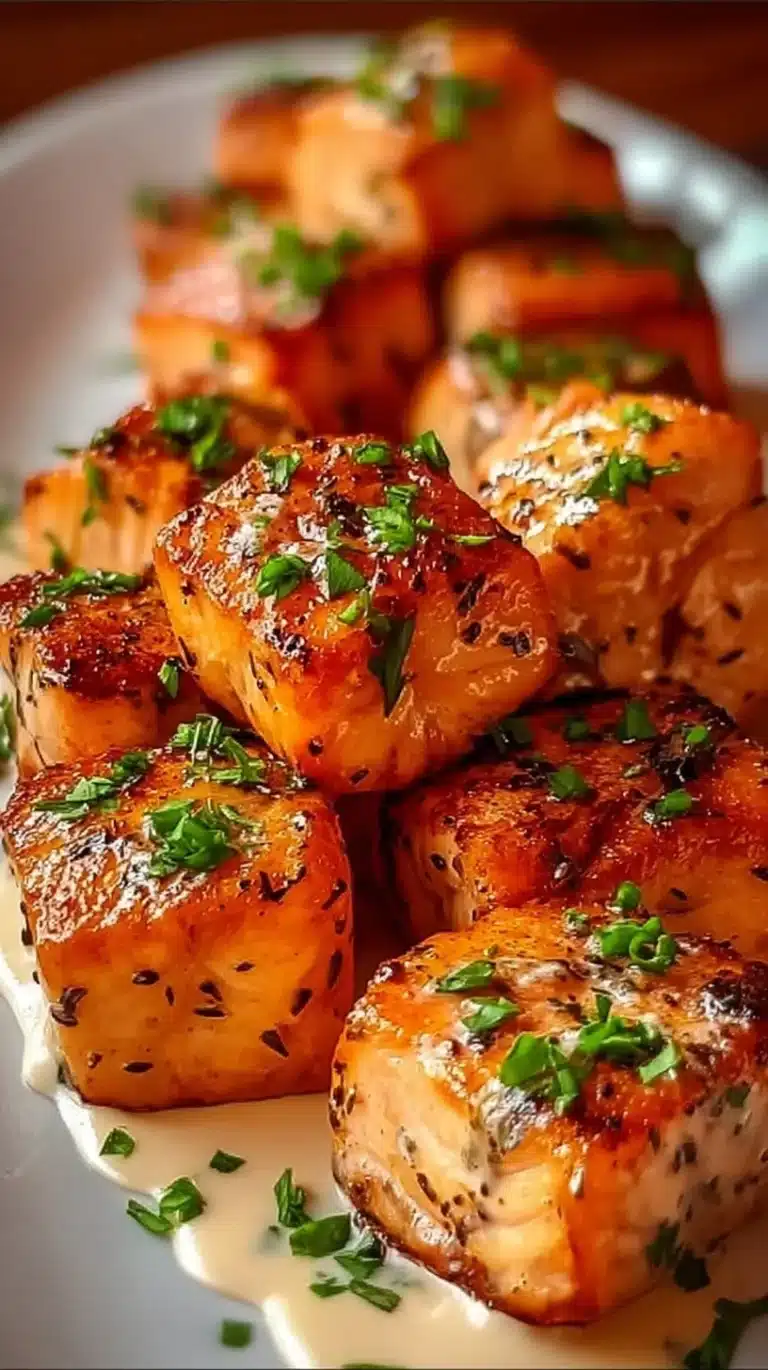 Crispy Bang Bang Salmon Bites served in a bowl, garnished with herbs.