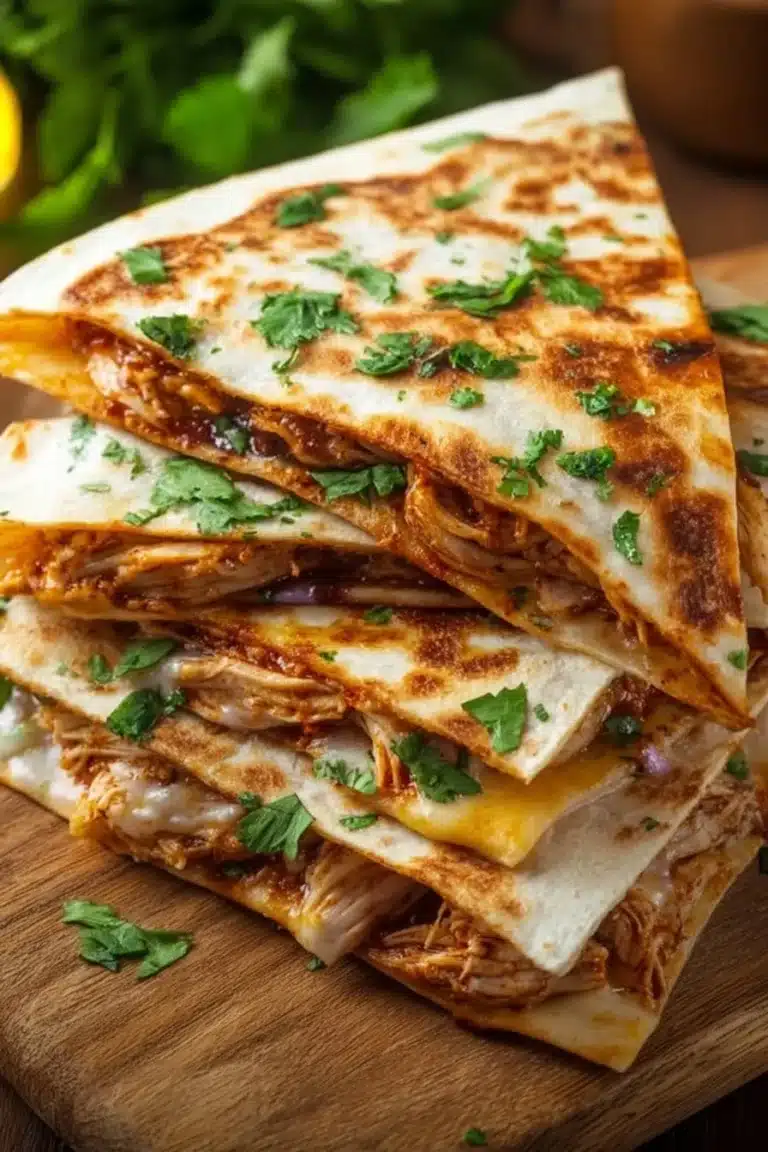 Delicious BBQ Chicken Quesadillas served on a plate with toppings.