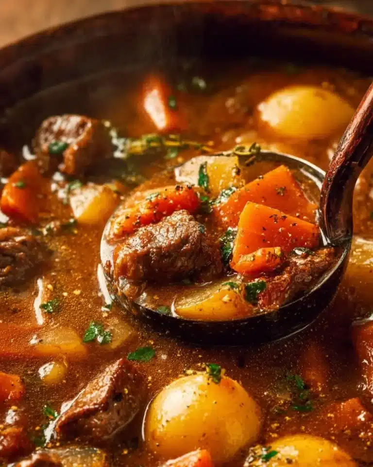 Beef Stew 2 Hearty beef stew with tender meat and vegetables in a rustic bowl