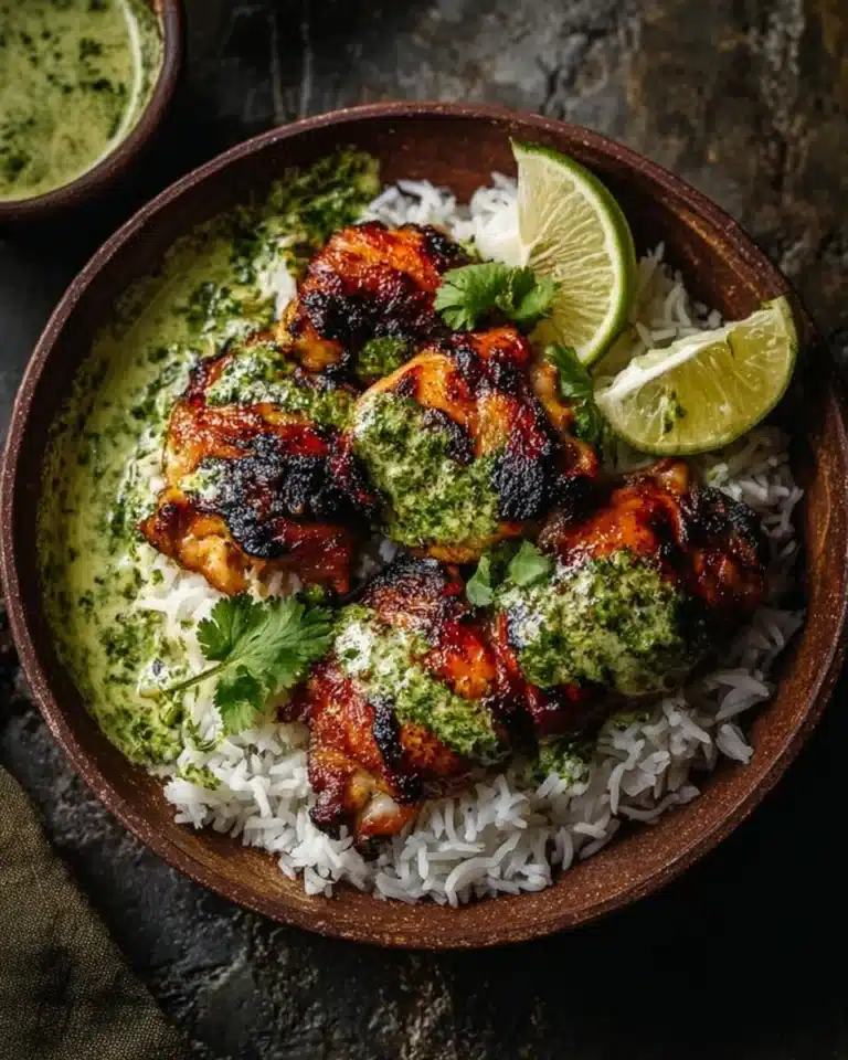 Delicious Peruvian chicken served with creamy green sauce on a plate