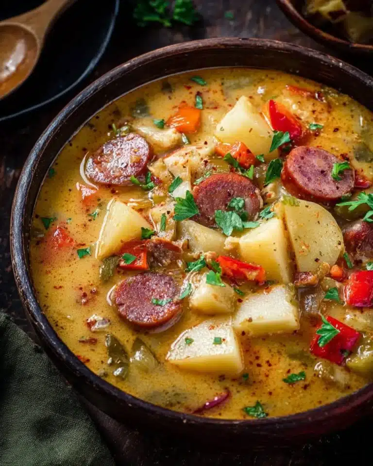 Cajun Potato Soup 2 A bowl of rich and spicy Cajun Potato Soup garnished with herbs.
