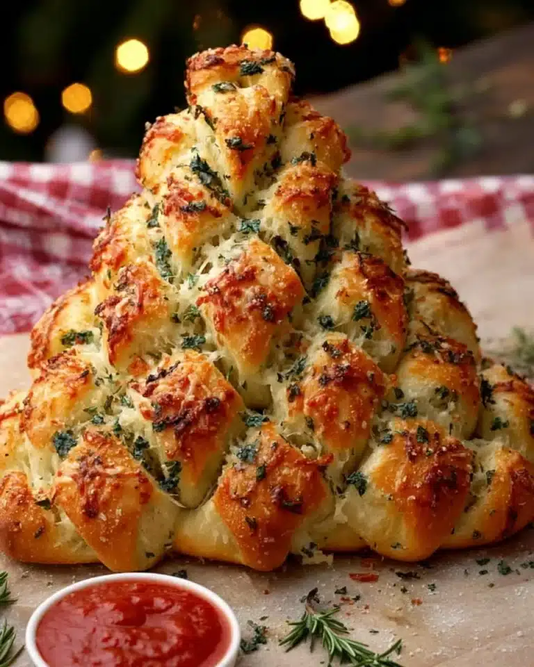Cheesy Christmas tree bread shaped like a festive tree, garnished with herbs.