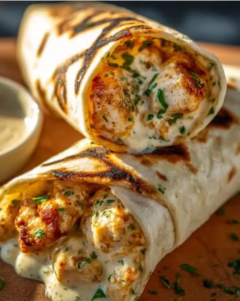 Cheesy Garlic Chicken Wraps 2 Cheesy garlic chicken wraps filled with chicken, cheese, and garlic herbs.