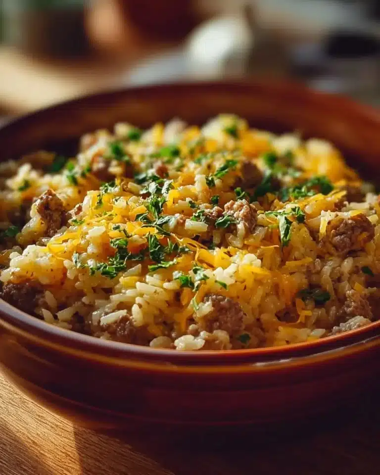 Baked Cheesy Hamburger Rice Casserole served in a dish with herbs on top