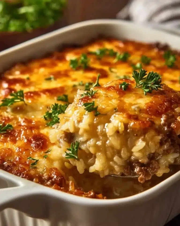 Cheesy Hamburger Rice Casserole baked in a dish, garnished with herbs