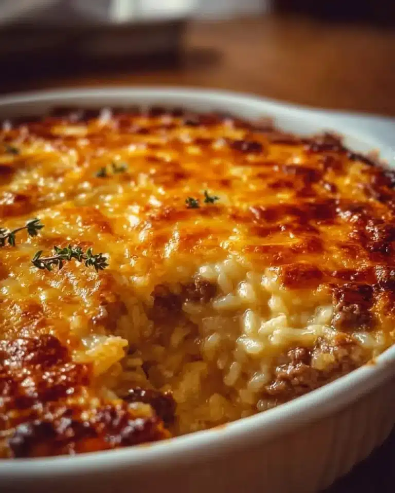 Cheesy hamburger rice casserole topped with melted cheese and herbs