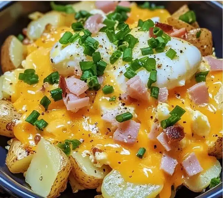 Cheesy Potato Egg Scramble 2 Cheesy potato egg scramble served in a bowl with fresh herbs