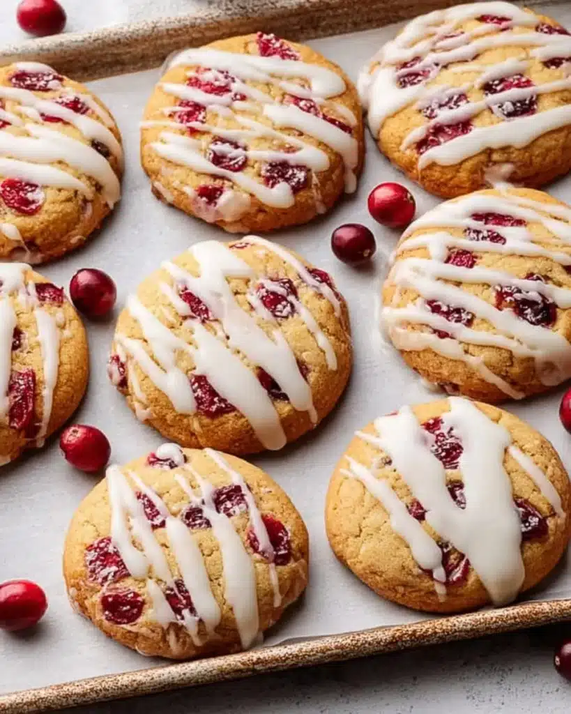 Chewy Christmas cranberry orange cookies on a festive plate