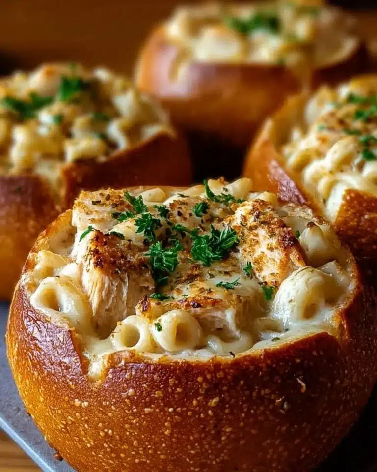 Chicken Alfredo Garlic Bread Bowls fresh and delicious recipe presentation