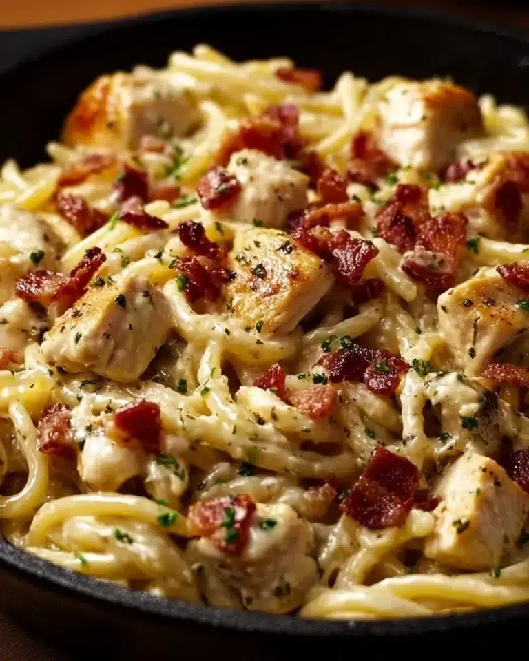 Chicken Bacon Ranch Pasta 2 Delicious Chicken Bacon Ranch Pasta served in a bowl with fresh herbs.