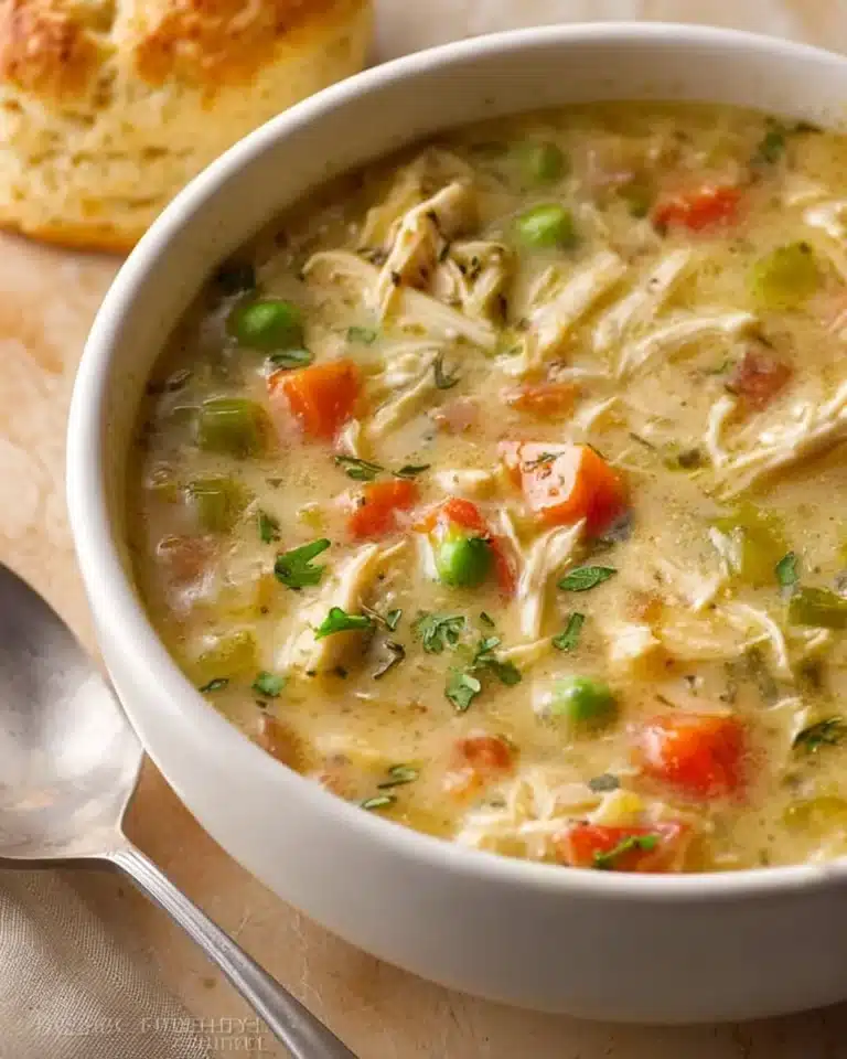 Delicious chicken pot pie soup with vegetables in a bowl