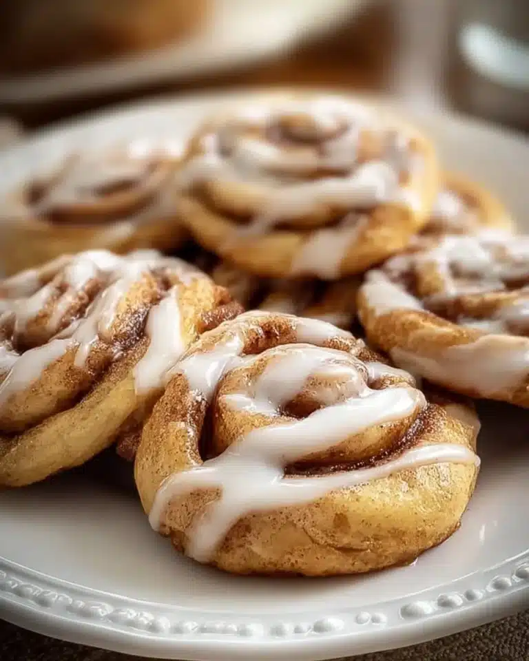 Delicious cinnamon roll cookies topped with icing and cinnamon sugar