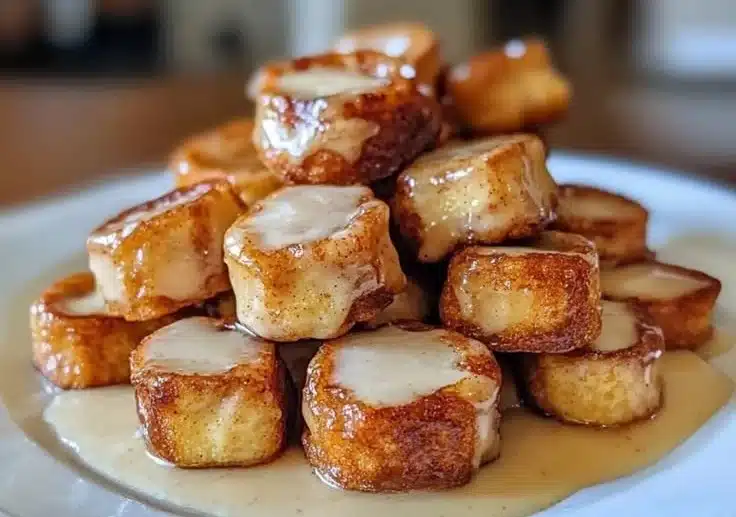 Delicious cinnamon roll French toast bites topped with icing