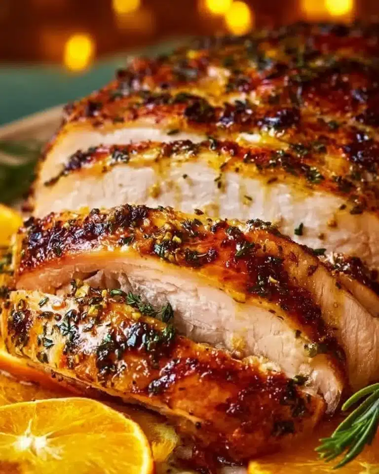 Citrus Herb Turkey Breast garnished with fresh herbs and citrus slices