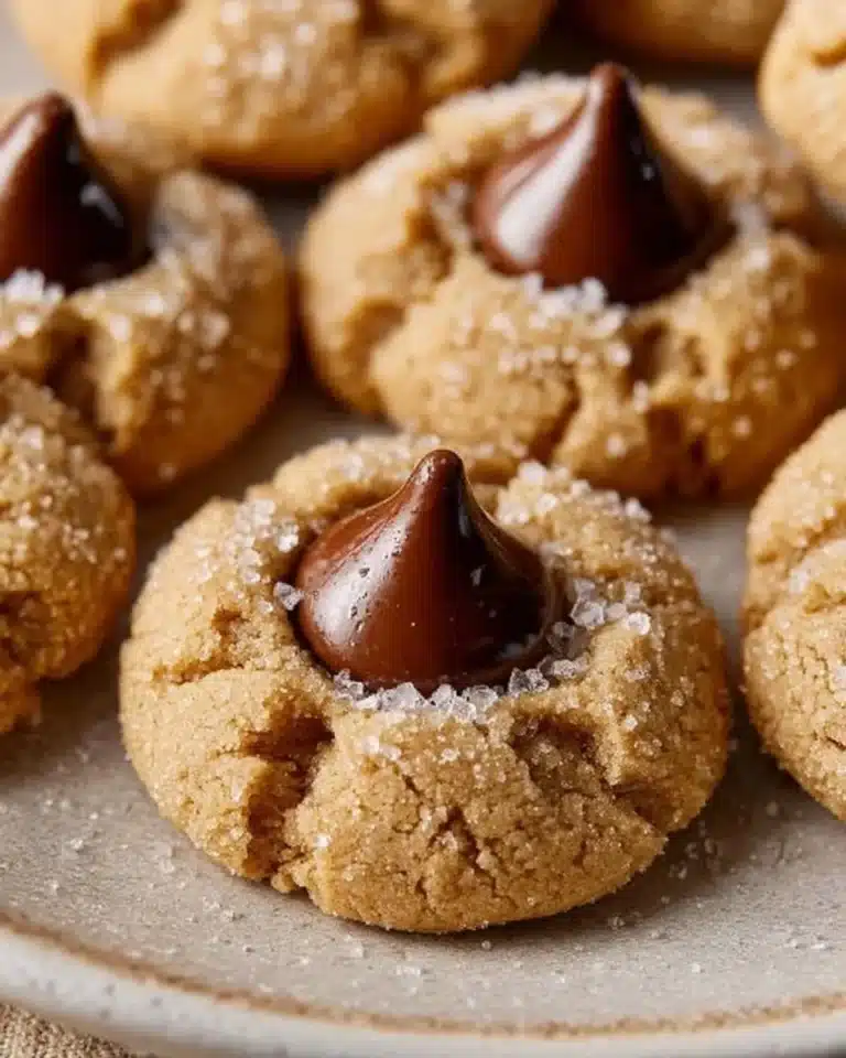 Classic Peanut Butter Blossoms cookies with chocolate kisses on top.