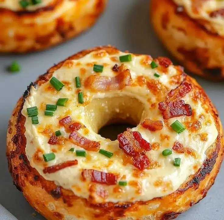 Creamy bacon cheddar bagels fresh from the oven, topped with crispy bacon and melted cheese.