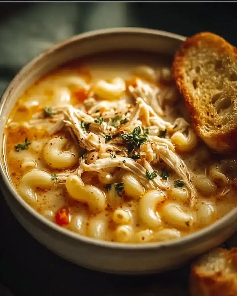 Bowl of creamy chicken macaroni cheese soup topped with herbs