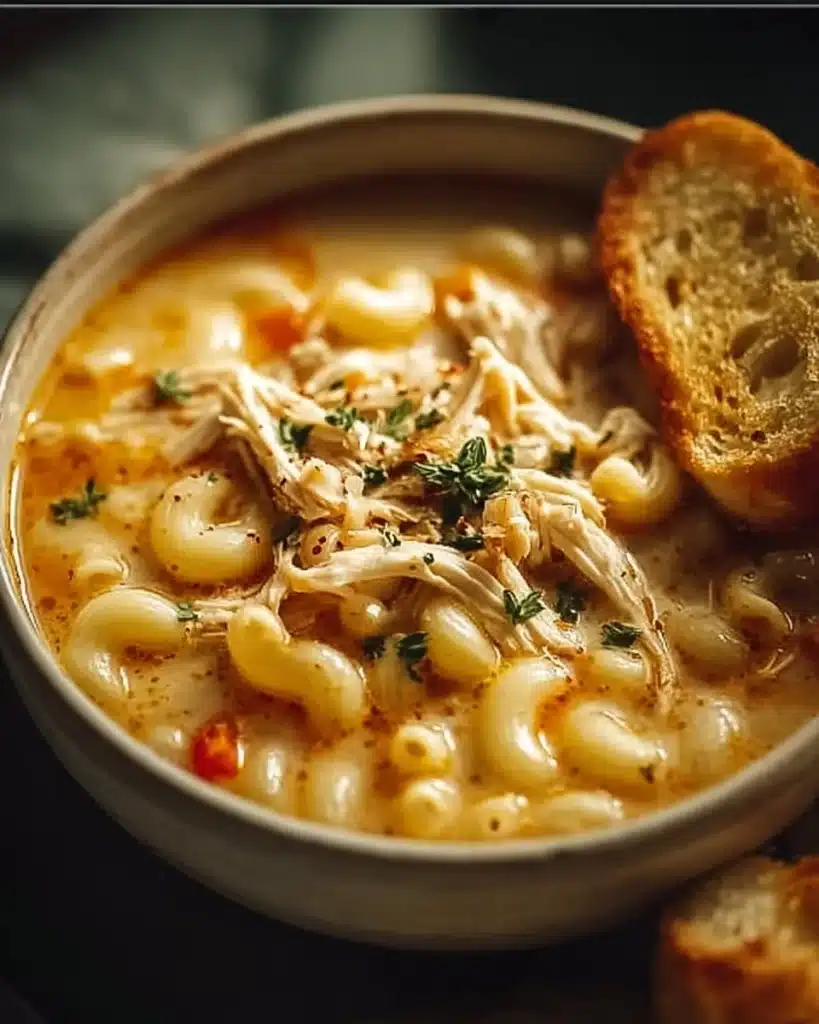 Bowl of creamy chicken macaroni cheese soup topped with herbs