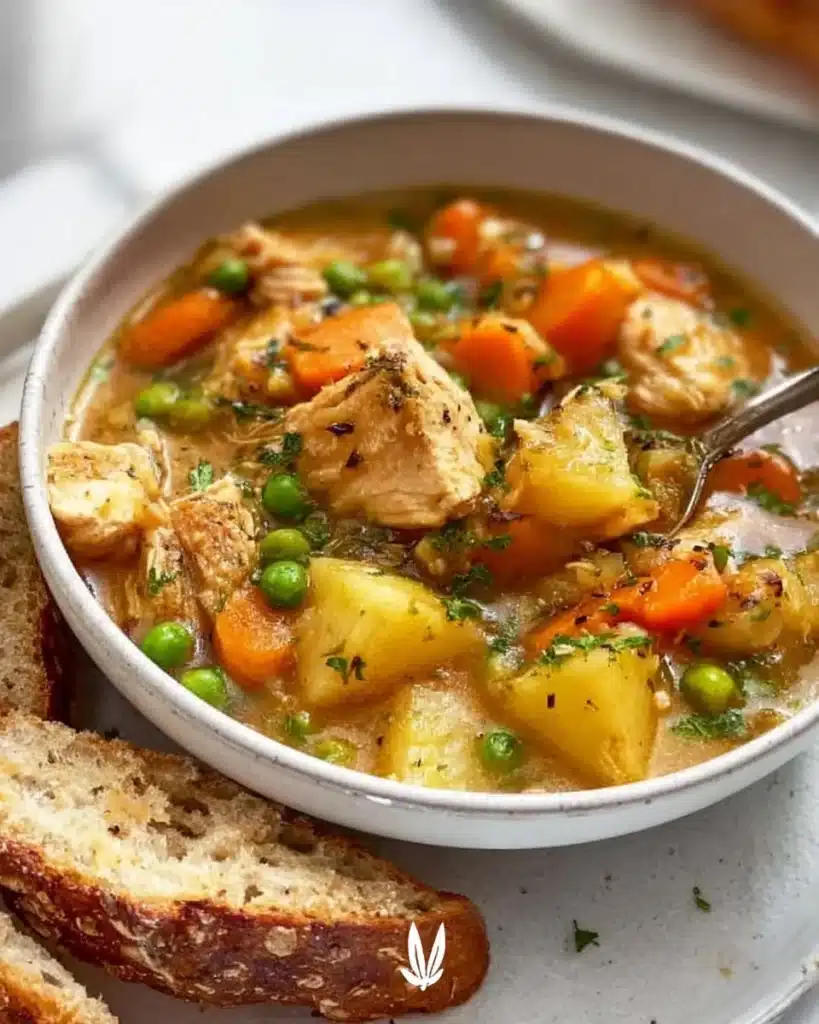 Delicious creamy chicken stew in a bowl, garnished with herbs.
