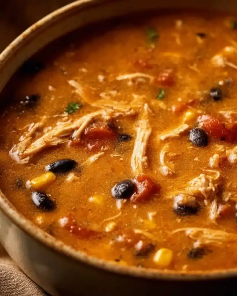 Creamy chicken tortilla soup garnished with tortilla strips and avocado