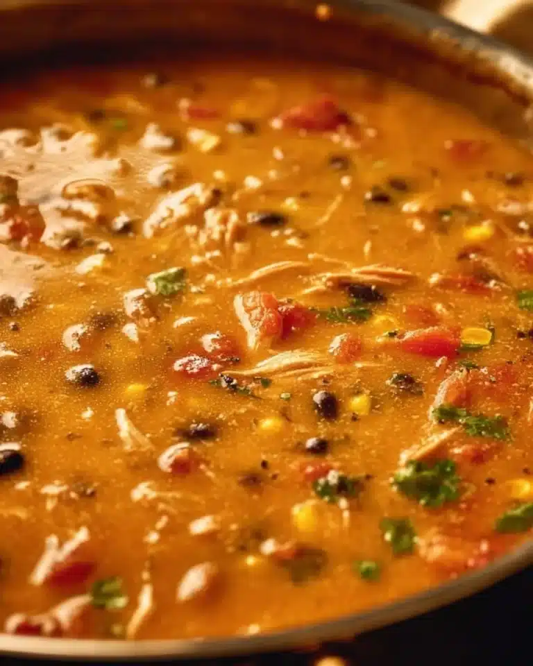 Delicious creamy chicken tortilla soup topped with crispy tortilla strips