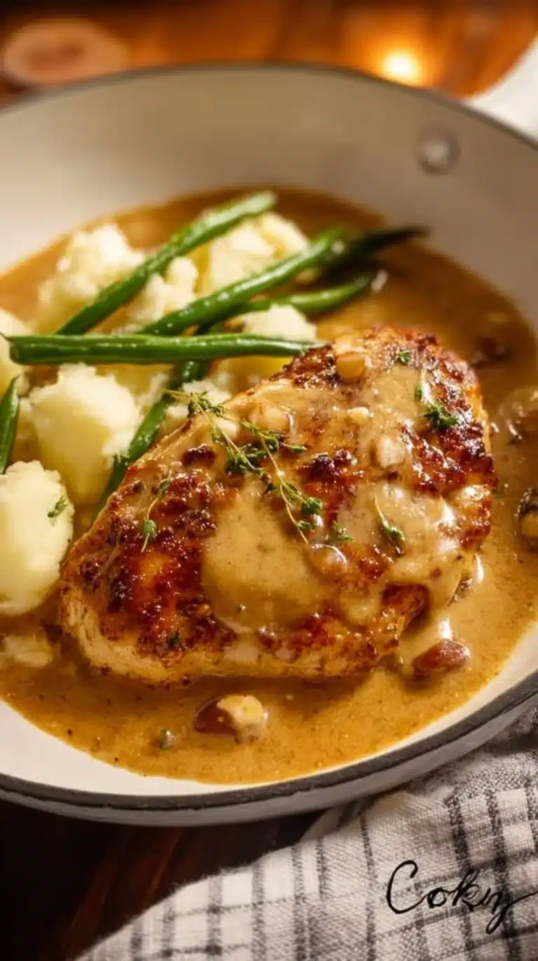 Creamy garlic chicken served on a plate with fresh herbs and a side of vegetables