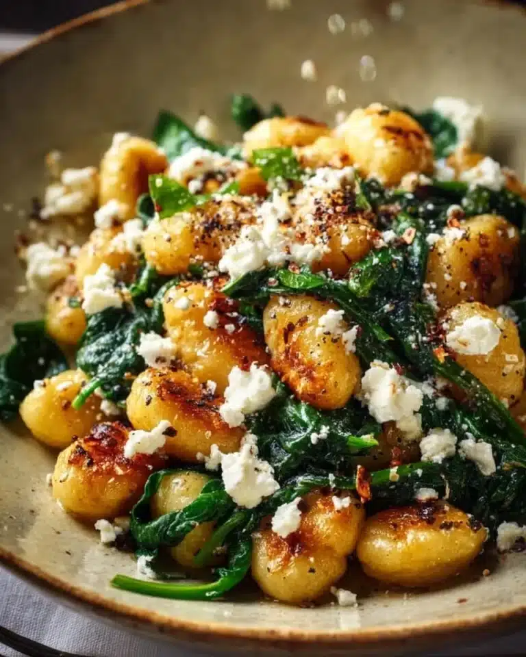 Plate of creamy gnocchi with spinach and feta cheese garnish.