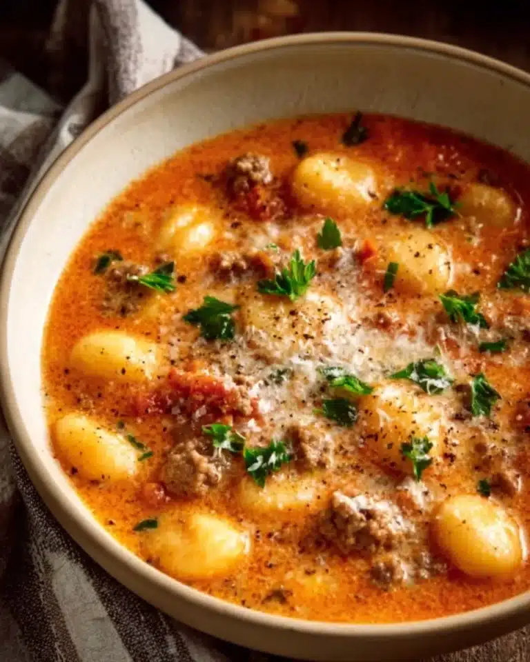 Creamy Italian sausage gnocchi soup in a bowl, garnished with herbs