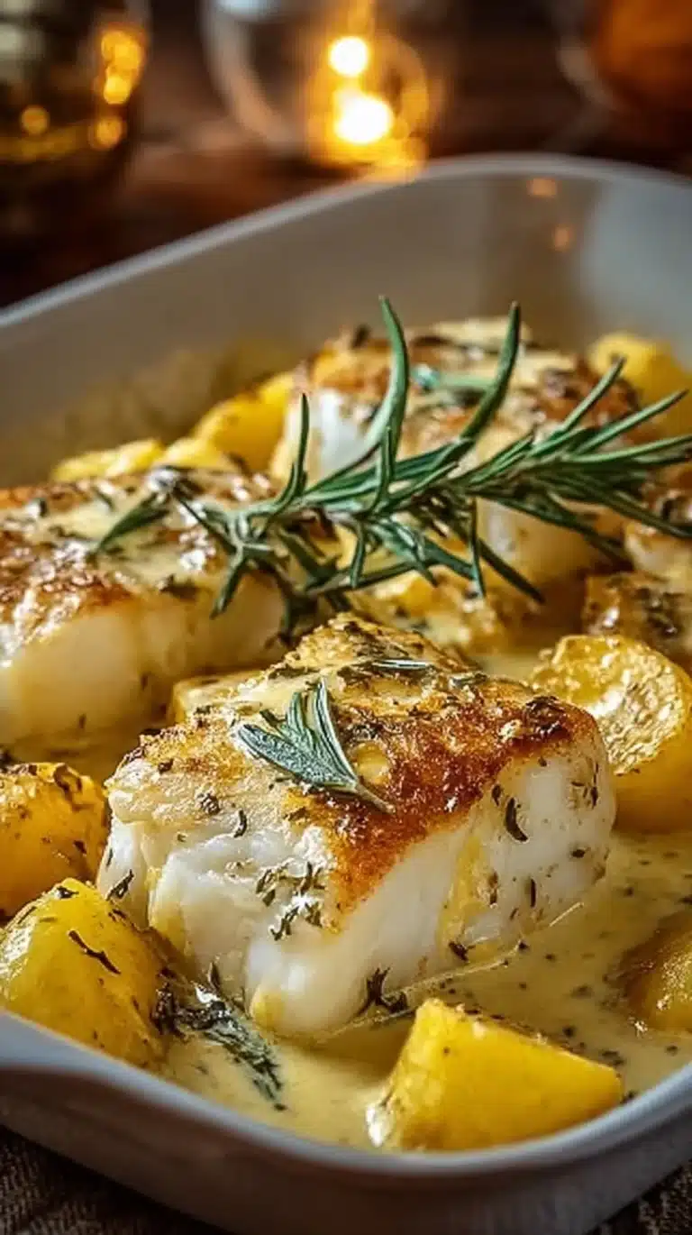 Creamy Rosemary Cod with Potatoes 2 Plate of creamy rosemary cod with potatoes, garnished with fresh herbs.