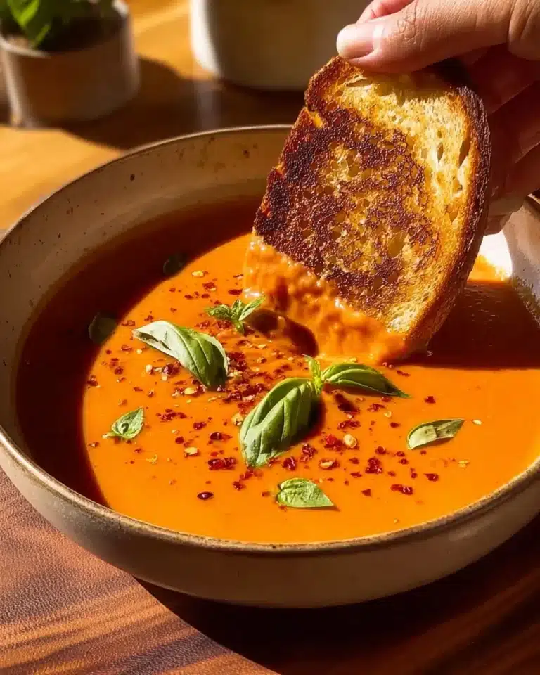 Bowl of creamy tomato soup garnished with fresh herbs and croutons