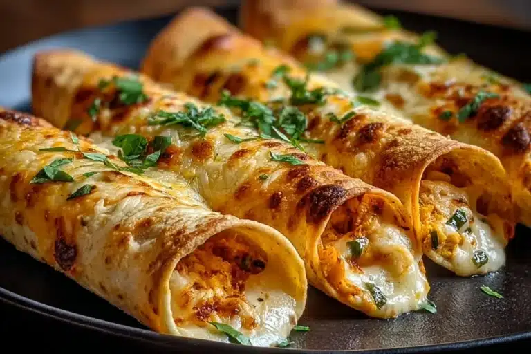 Delicious crispy chicken taquitos garnished with fresh ingredients