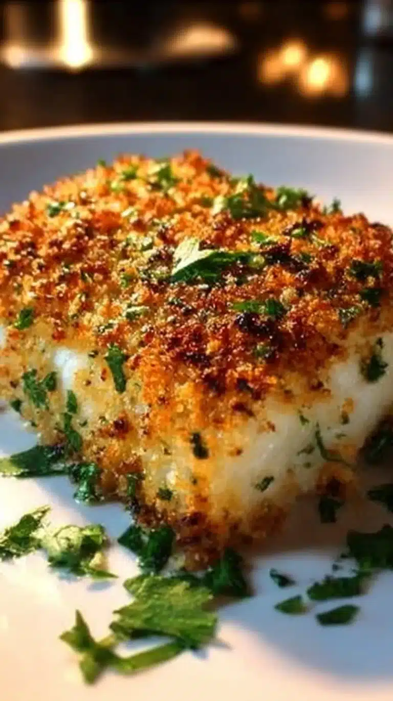 Crispy Garlic Parmesan Halibut 2 Crispy Garlic Parmesan Halibut served on a plate with garnish.