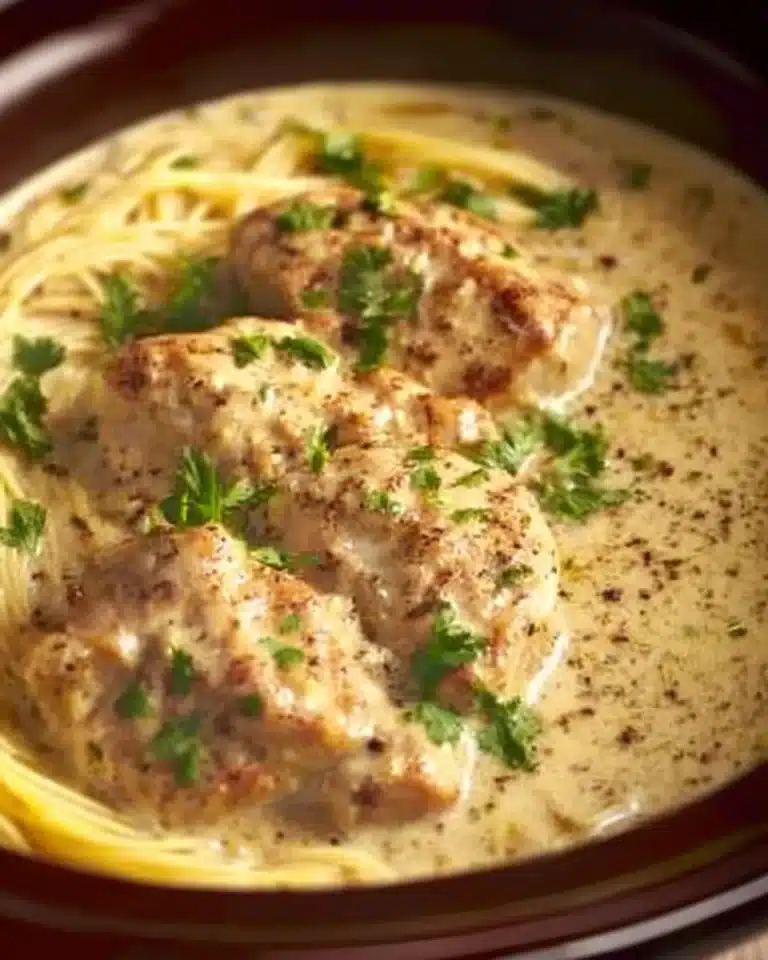 Crock Pot Angel Chicken served on a plate with herbs