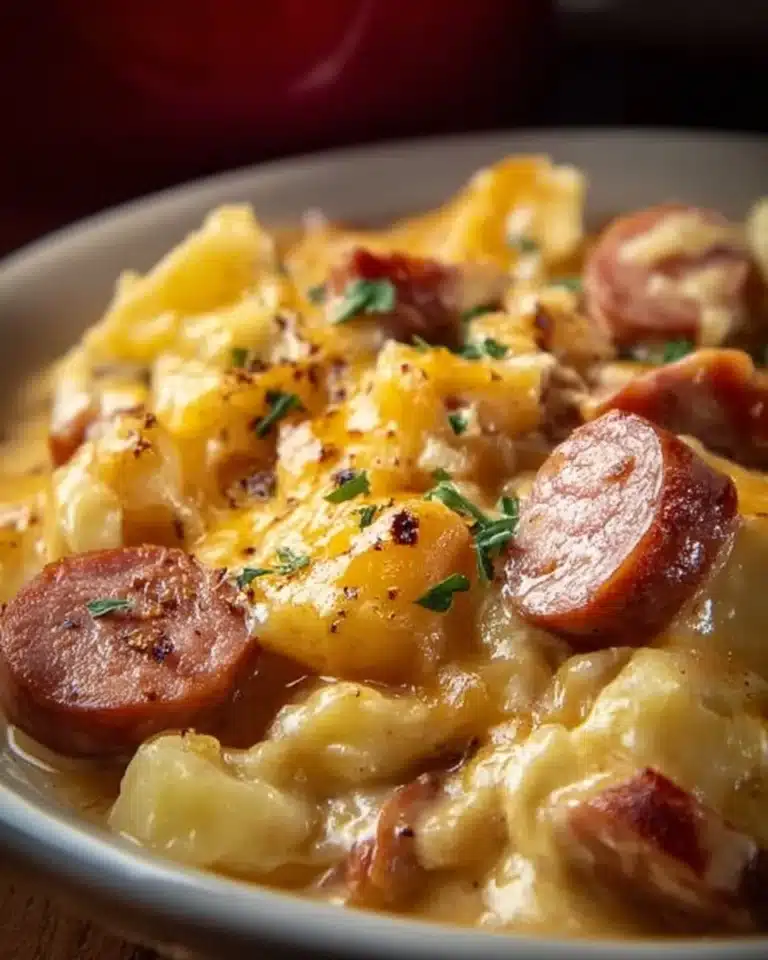 Crockpot Cheesy Potatoes and Kielbasa dish served in a bowl