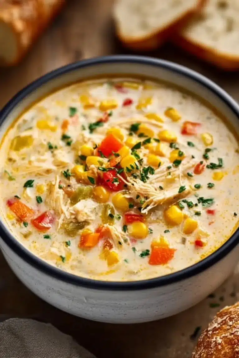 Bowl of Crockpot chicken corn chowder garnished with herbs