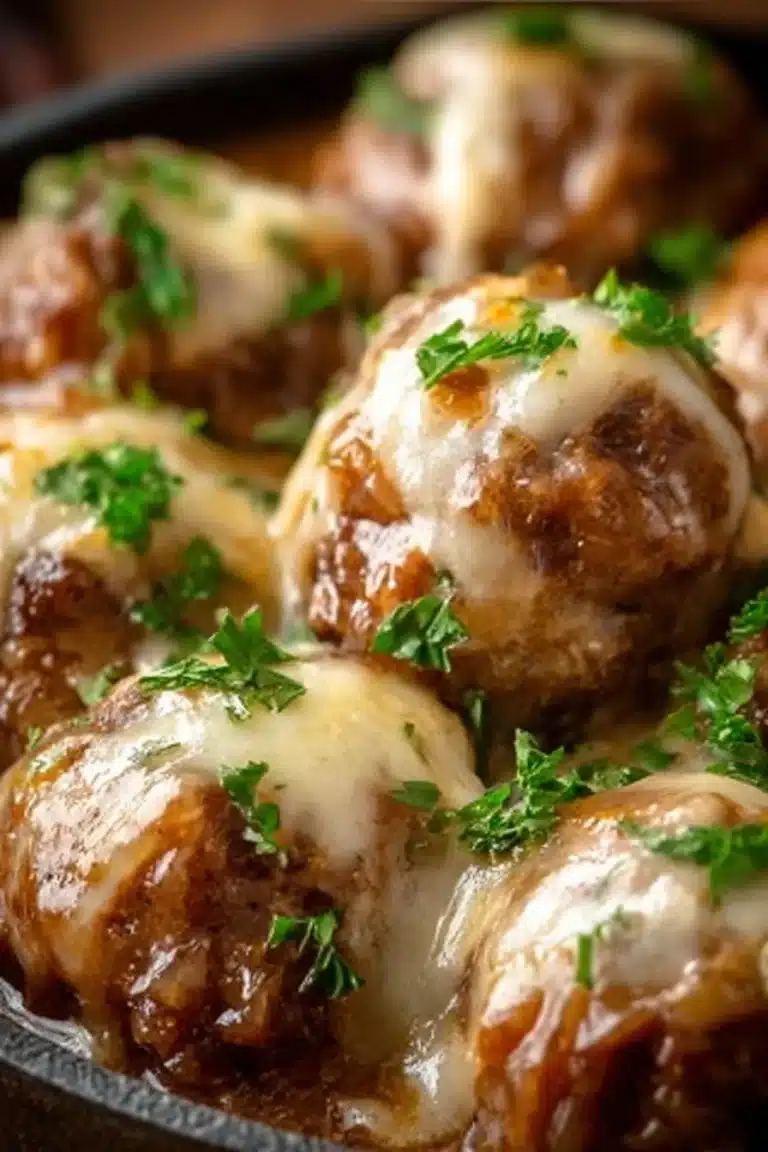 Crockpot French Onion Meatballs served with melted cheese on top