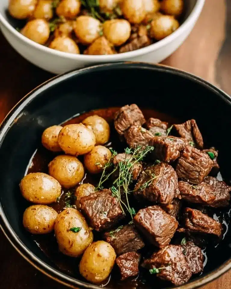 Crockpot garlic butter beef bites served with potatoes in a warm bowl