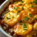 Crockpot Hamburger Potato Casserole dish with layers of meat and potatoes