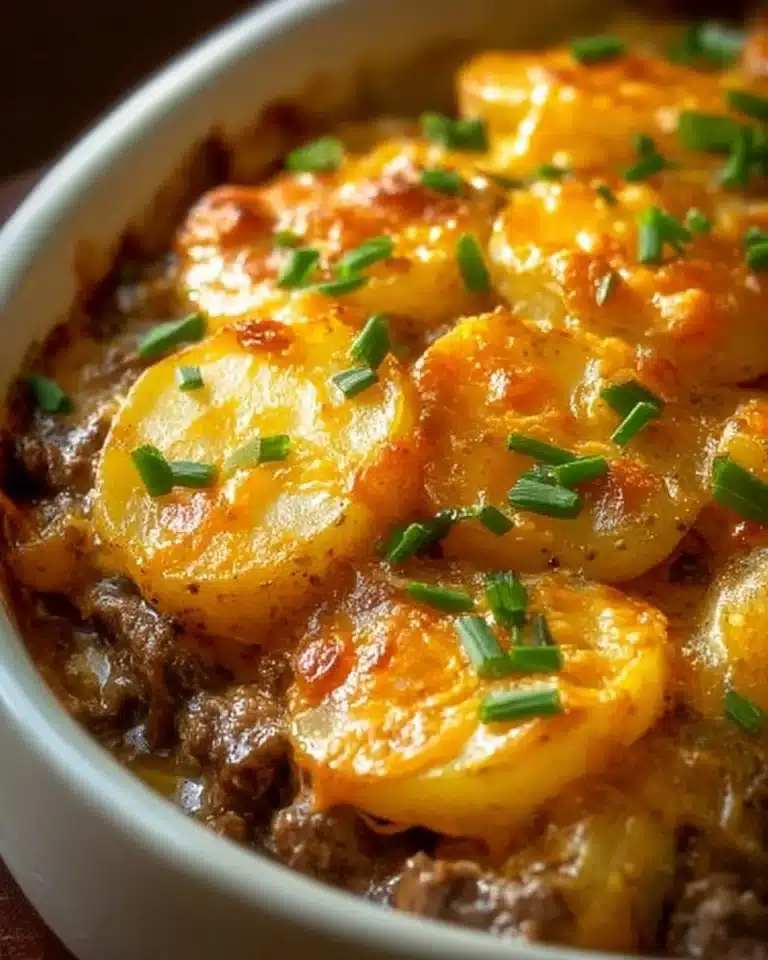 Crockpot Hamburger Potato Casserole dish with layers of meat and potatoes