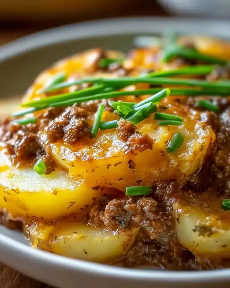 Crockpot Hamburger Potato Casserole topped with melted cheese and herbs