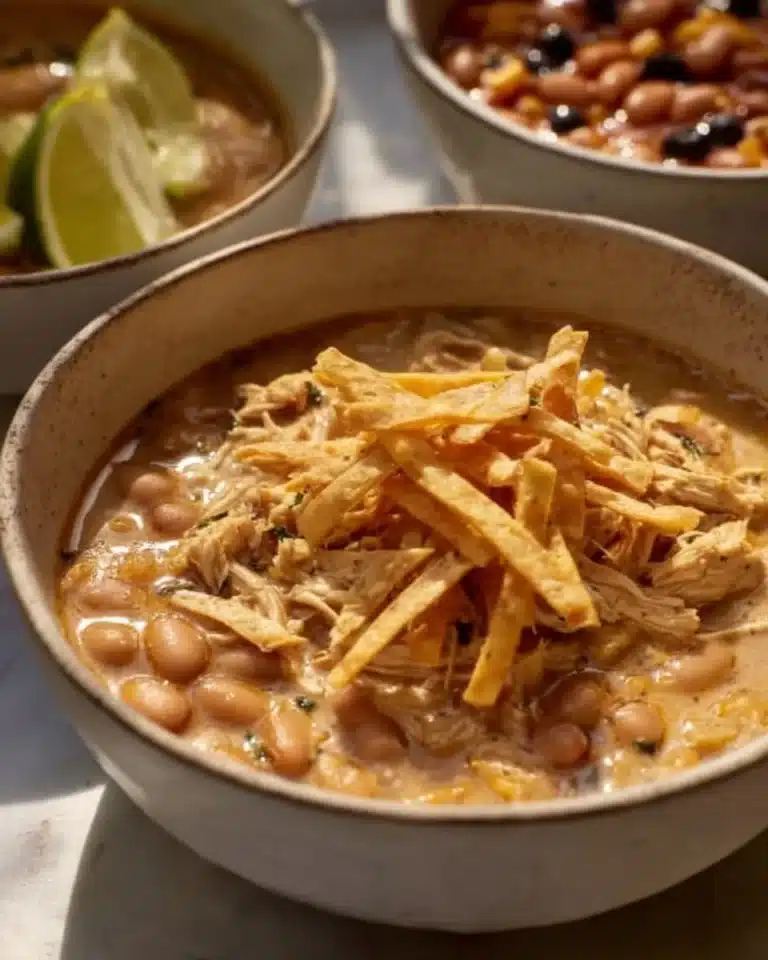Crockpot White Chicken Chili with Cream Cheese 2 Crockpot White Chicken Chili with Cream Cheese served in a bowl with cilantro garnish
