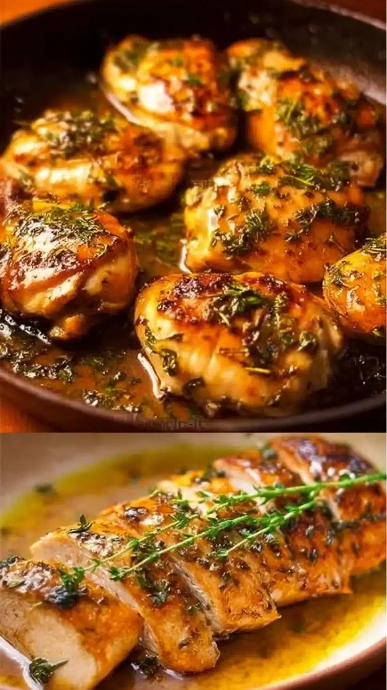 Plate of easy garlic butter chicken served with herbs and sides.