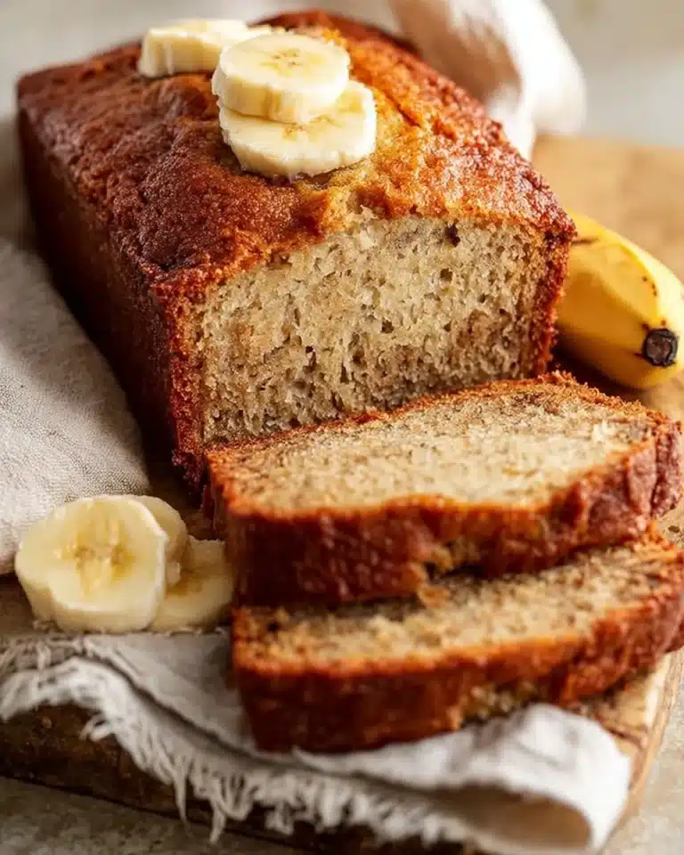 Slice of easy moist banana bread with bananas and walnuts on a wooden cutting board