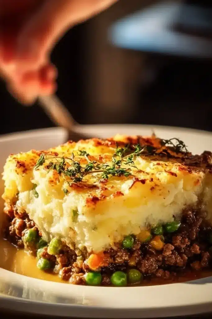 Delicious easy shepherd's pie casserole topped with golden mashed potatoes
