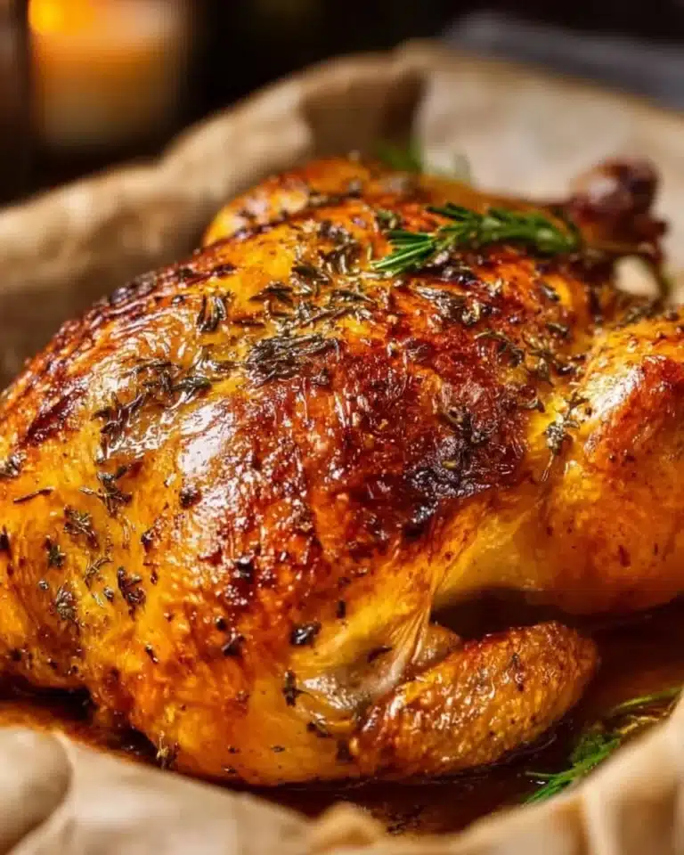Delicious and easy whole roasted chicken served with herbs and vegetables.