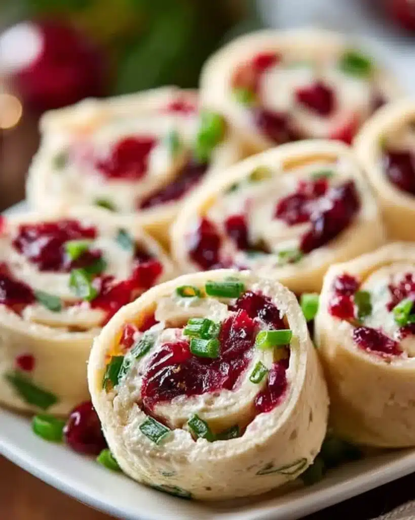 Festive Christmas Cranberry Roll Ups served on a holiday platter
