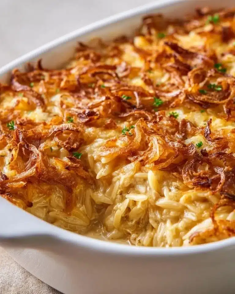 French onion chicken orzo casserole topped with melted cheese and herbs